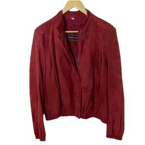 VTG Jeffrey Banks Raspberry Red Suede Moto Bomber Blouson Jacket Pleats Sz 10